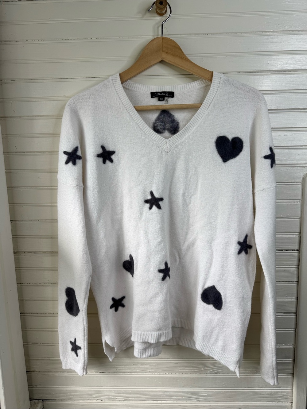 Charlie B White V-Neck Sweater with felted Black Heart & Star Motif